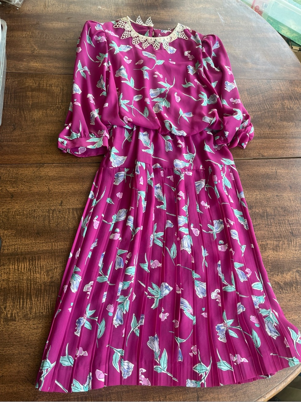 Vintage JY Petites Floral Pleated Midi Dress Lace Collar Romantic Church USA 8